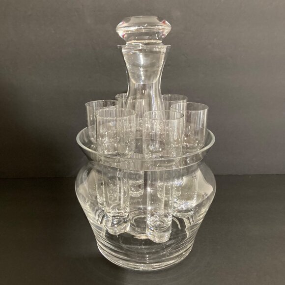 Vintage Czech Glass Grooms Gift Decanter Set With 6 Shot Glasses And Ice Bowl - Picture 4 of 9